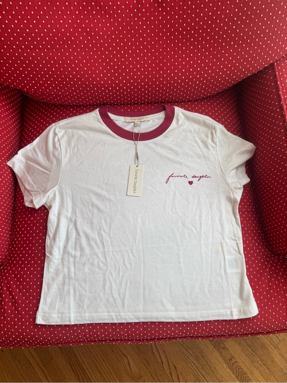 Favorite Daughter White Tee with Burgundy Trim and Script